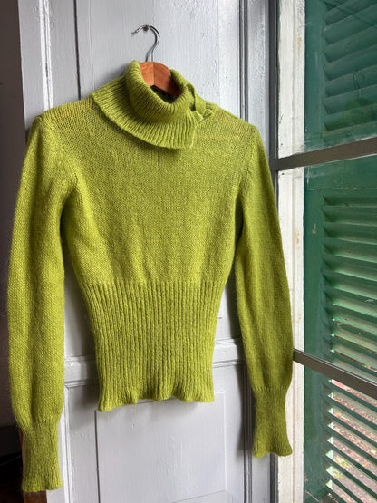 Sisley Lime Green Mohair Blend Turtleneck Sweater, Made in Italy, Y2K Fitted Knit, Pistachio Green Jumper
