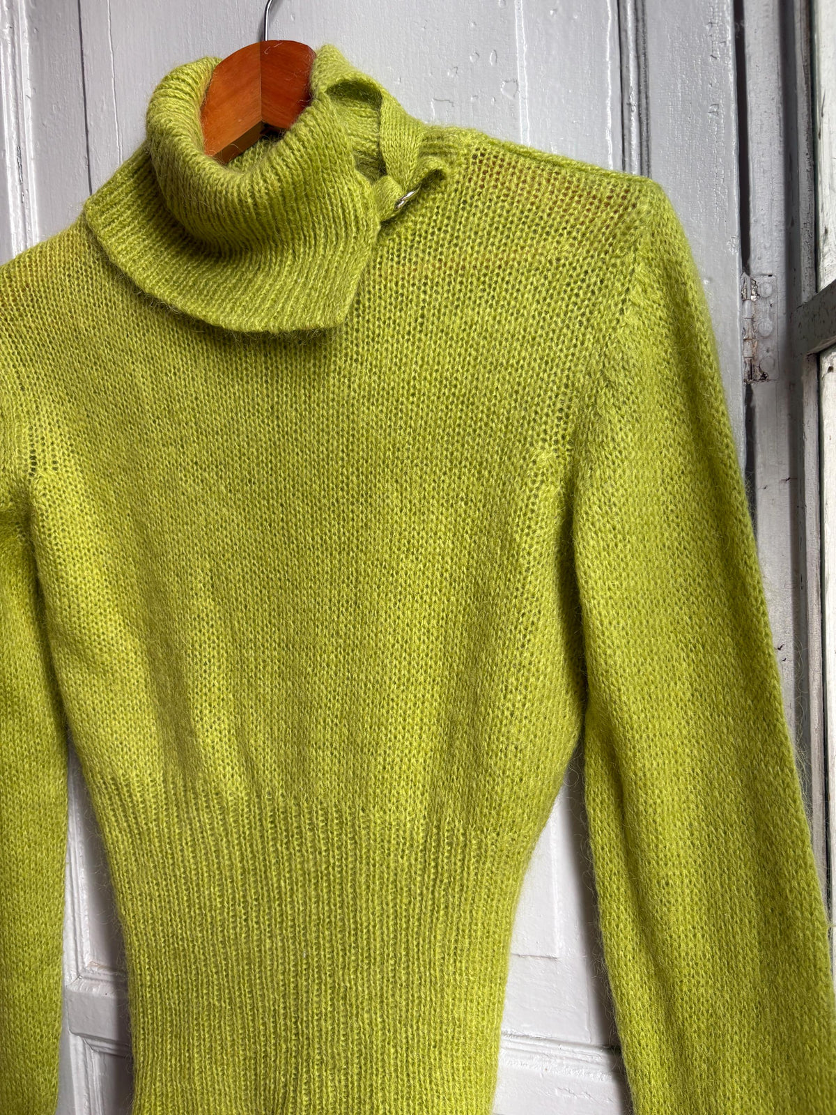 Sisley Lime Green Mohair Blend Turtleneck Sweater, Made in Italy, Y2K Fitted Knit, Pistachio Green Jumper