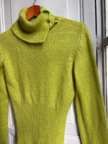 Sisley Lime Green Mohair Blend Turtleneck Sweater, Made in Italy, Y2K Fitted Knit, Pistachio Green Jumper