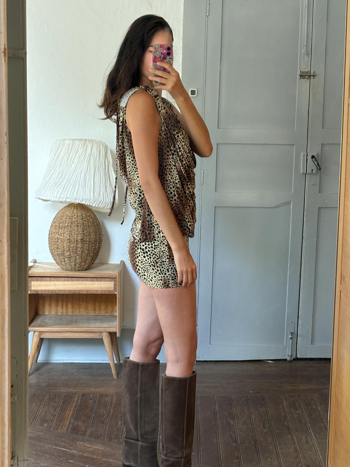 Y2K Leopard Print Cowl Neck Mini Dress, Made in France, Animal Print Bodycon Dress, 2000s Party Dress, Going Out Dress, Mob Wife Aesthetic