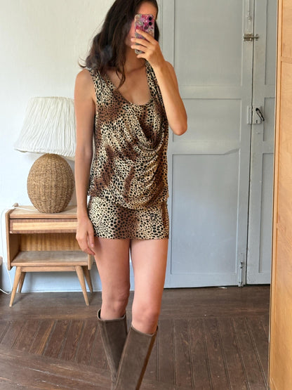 Y2K Leopard Print Cowl Neck Mini Dress, Made in France, Animal Print Bodycon Dress, 2000s Party Dress, Going Out Dress, Mob Wife Aesthetic