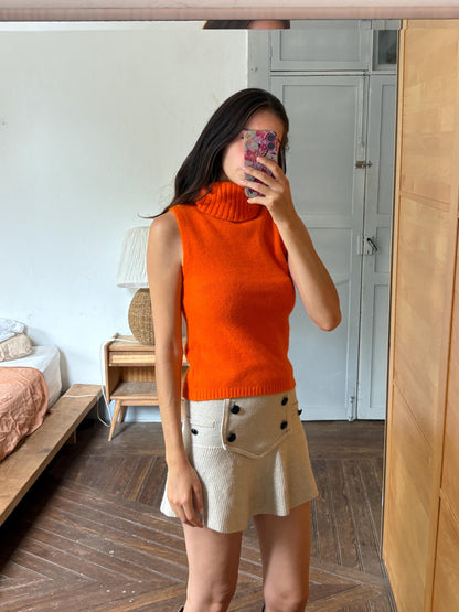 Y2K Orange Angora Turtleneck Tank Top, Soft Knit Sleeveless Sweater, Bright Pumpkin Orange Mock Neck Top, 2000s Minimalist Knit