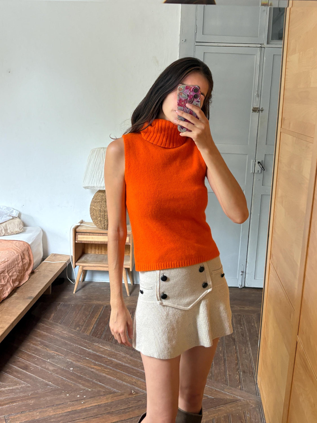 Y2K Orange Angora Turtleneck Tank Top, Soft Knit Sleeveless Sweater, Bright Pumpkin Orange Mock Neck Top, 2000s Minimalist Knit