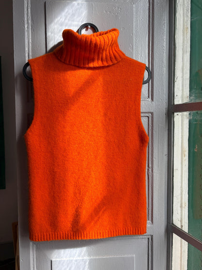 Y2K Orange Angora Turtleneck Tank Top, Soft Knit Sleeveless Sweater, Bright Pumpkin Orange Mock Neck Top, 2000s Minimalist Knit