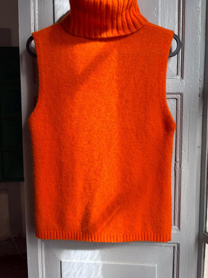 Y2K Orange Angora Turtleneck Tank Top, Soft Knit Sleeveless Sweater, Bright Pumpkin Orange Mock Neck Top, 2000s Minimalist Knit