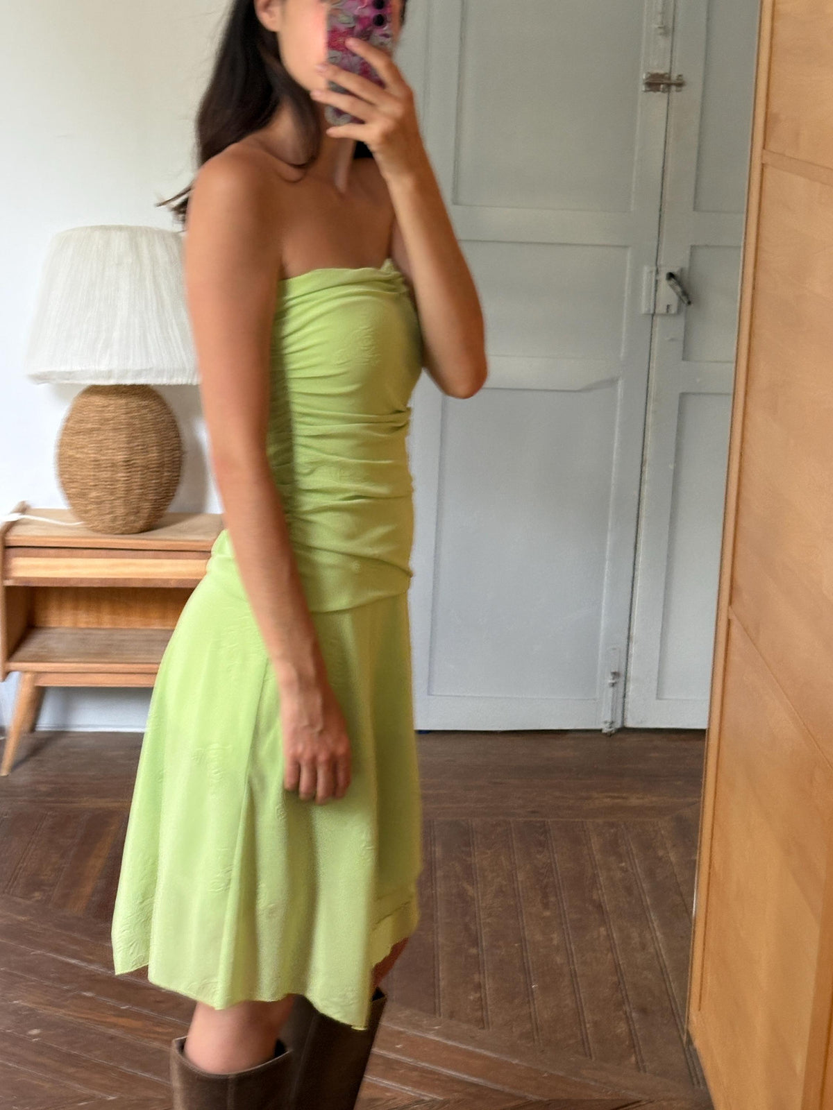 Y2K Lime Green Strapless Dress, Fairycore Mini Midi Dress, Ruched Tube Dress, Floral Textured Dress, 2000s Party Dress, Fairy Grunge