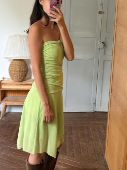 Y2K Lime Green Strapless Dress, Fairycore Mini Midi Dress, Ruched Tube Dress, Floral Textured Dress, 2000s Party Dress, Fairy Grunge
