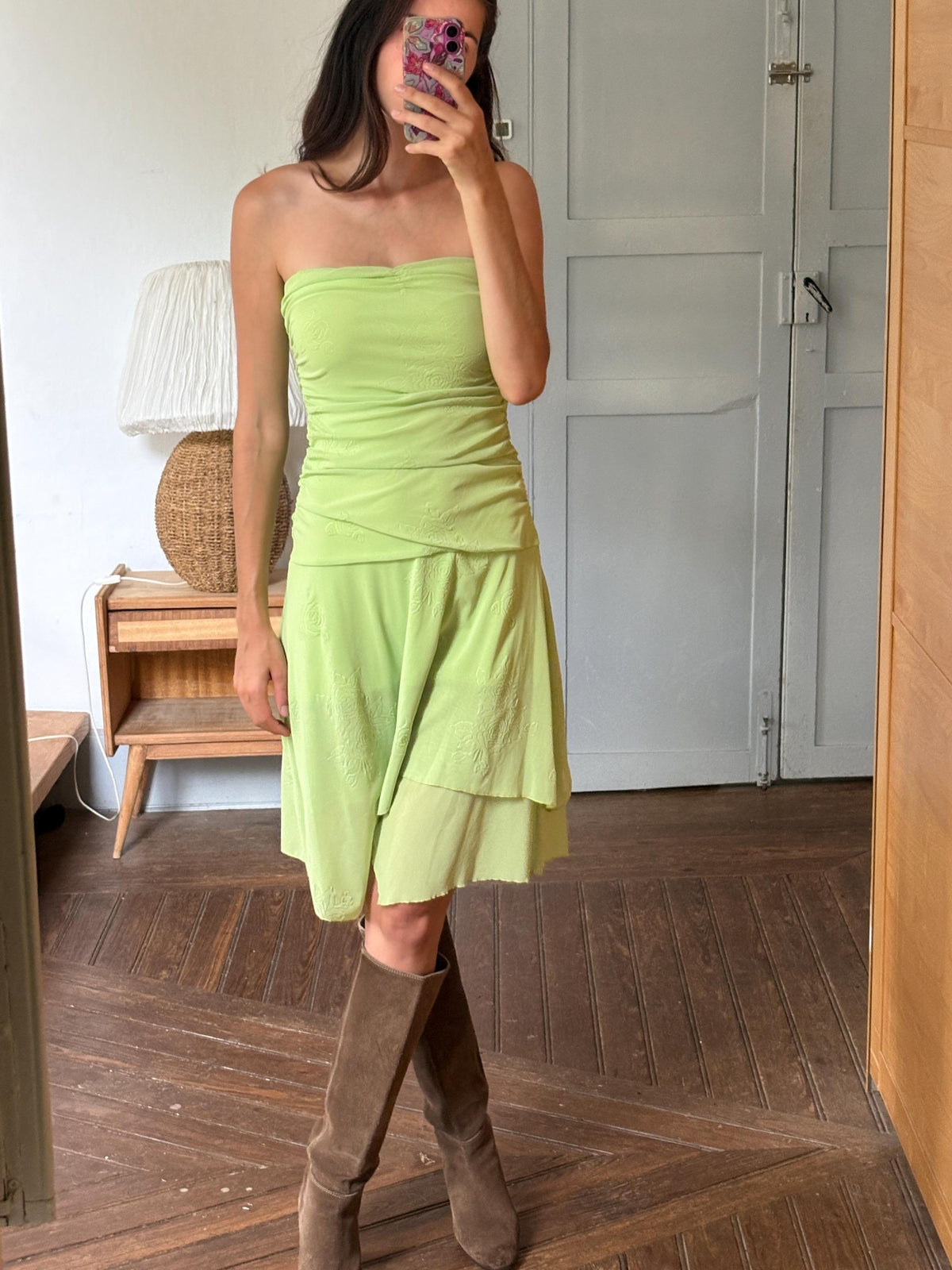 Y2K Lime Green Strapless Dress, Fairycore Mini Midi Dress, Ruched Tube Dress, Floral Textured Dress, 2000s Party Dress, Fairy Grunge