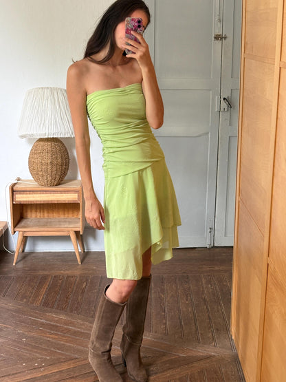 Y2K Lime Green Strapless Dress, Fairycore Mini Midi Dress, Ruched Tube Dress, Floral Textured Dress, 2000s Party Dress, Fairy Grunge