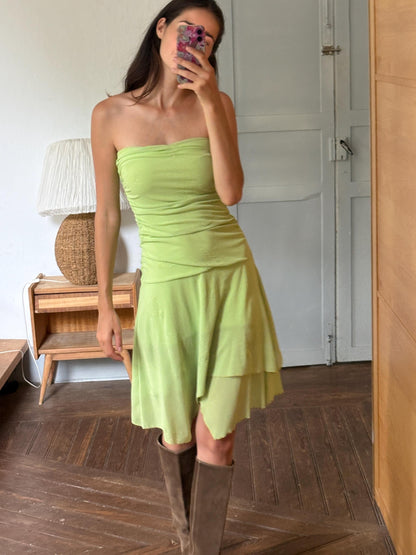 Y2K Lime Green Strapless Dress, Fairycore Mini Midi Dress, Ruched Tube Dress, Floral Textured Dress, 2000s Party Dress, Fairy Grunge