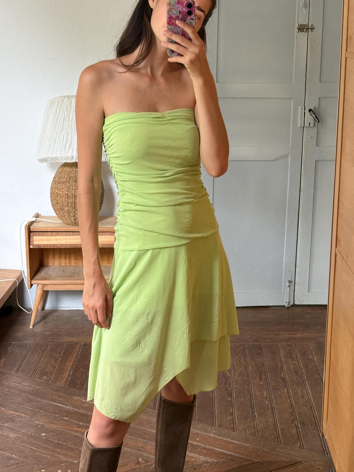 Y2K Lime Green Strapless Dress, Fairycore Mini Midi Dress, Ruched Tube Dress, Floral Textured Dress, 2000s Party Dress, Fairy Grunge