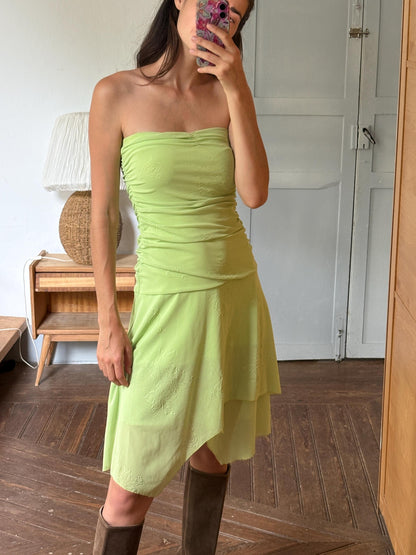 Y2K Lime Green Strapless Dress, Fairycore Mini Midi Dress, Ruched Tube Dress, Floral Textured Dress, 2000s Party Dress, Fairy Grunge