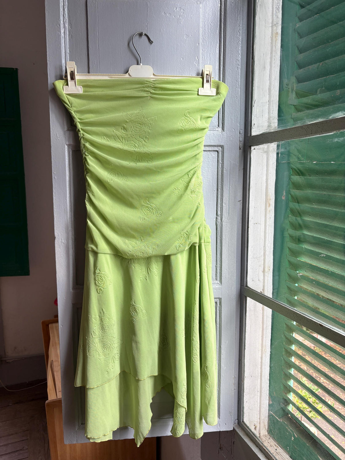 Y2K Lime Green Strapless Dress, Fairycore Mini Midi Dress, Ruched Tube Dress, Floral Textured Dress, 2000s Party Dress, Fairy Grunge