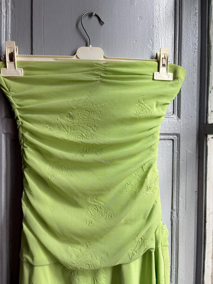 Y2K Lime Green Strapless Dress, Fairycore Mini Midi Dress, Ruched Tube Dress, Floral Textured Dress, 2000s Party Dress, Fairy Grunge