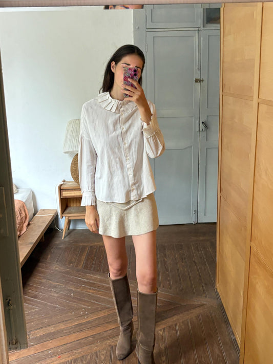 Sessùn Ruffle Collar Blouse, French Designer Oversized Shirt, Romantic Cottagecore Top, Quiet Luxury, Soft Cream Pinstripe