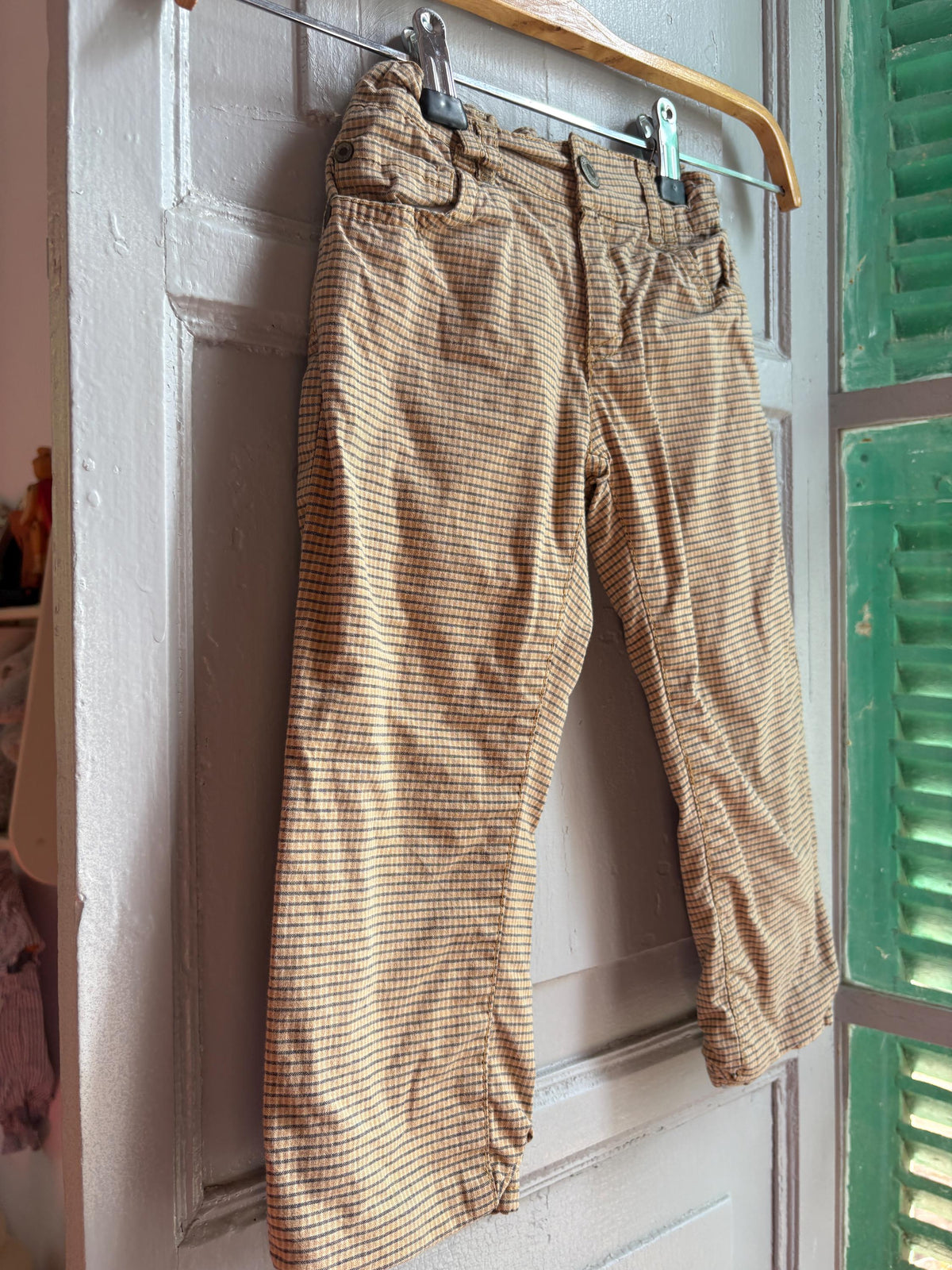Steiff Kids Checkered Trousers, Vintage Style Cotton Pants, Beige Elastic Waist Trousers, Toddler Outfit, German Designer, Size 98