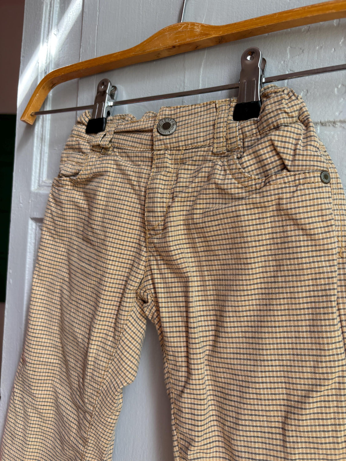Steiff Kids Checkered Trousers, Vintage Style Cotton Pants, Beige Elastic Waist Trousers, Toddler Outfit, German Designer, Size 98