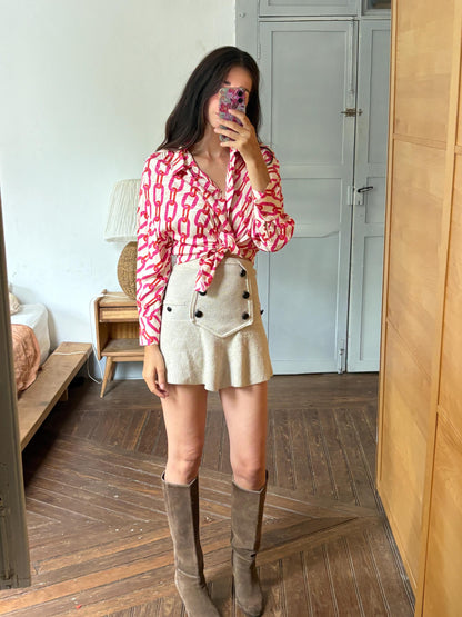 Pink Chain Print Blouse, Y2K Statement Shirt, Retro Barbiecore Top, Oversized Button Up, El Corte Inglés Collection, Dopamine Dressing