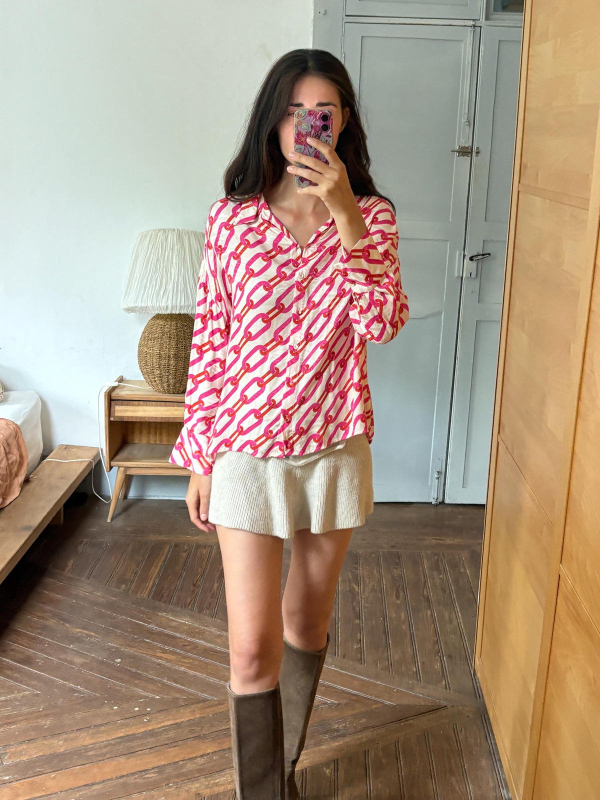 Pink Chain Print Blouse, Y2K Statement Shirt, Retro Barbiecore Top, Oversized Button Up, El Corte Inglés Collection, Dopamine Dressing