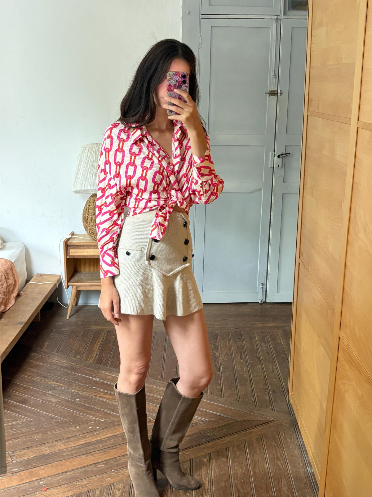 Pink Chain Print Blouse, Y2K Statement Shirt, Retro Barbiecore Top, Oversized Button Up, El Corte Inglés Collection, Dopamine Dressing