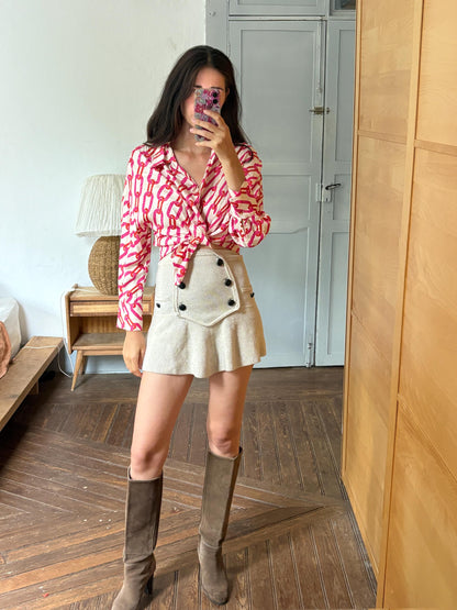 Pink Chain Print Blouse, Y2K Statement Shirt, Retro Barbiecore Top, Oversized Button Up, El Corte Inglés Collection, Dopamine Dressing