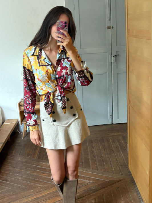 Vintage Floral Patchwork Blouse, Mustard Burgundy Shirt, Retro 90s Button Up, Boho Floral Top, Oversized Statement Blouse, Cottagecore Y2K