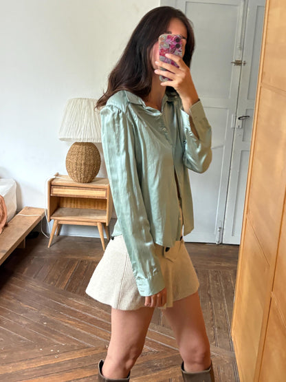 Silk Blend Mint Blouse, Sage Green Shirt, Y2K Minimalist Top, Vintage Silk Button Up, Made in Spain, Soft Satin Blouse