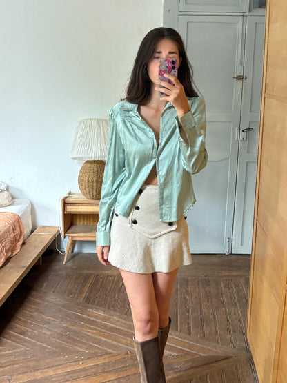 Silk Blend Mint Blouse, Sage Green Shirt, Y2K Minimalist Top, Vintage Silk Button Up, Made in Spain, Soft Satin Blouse