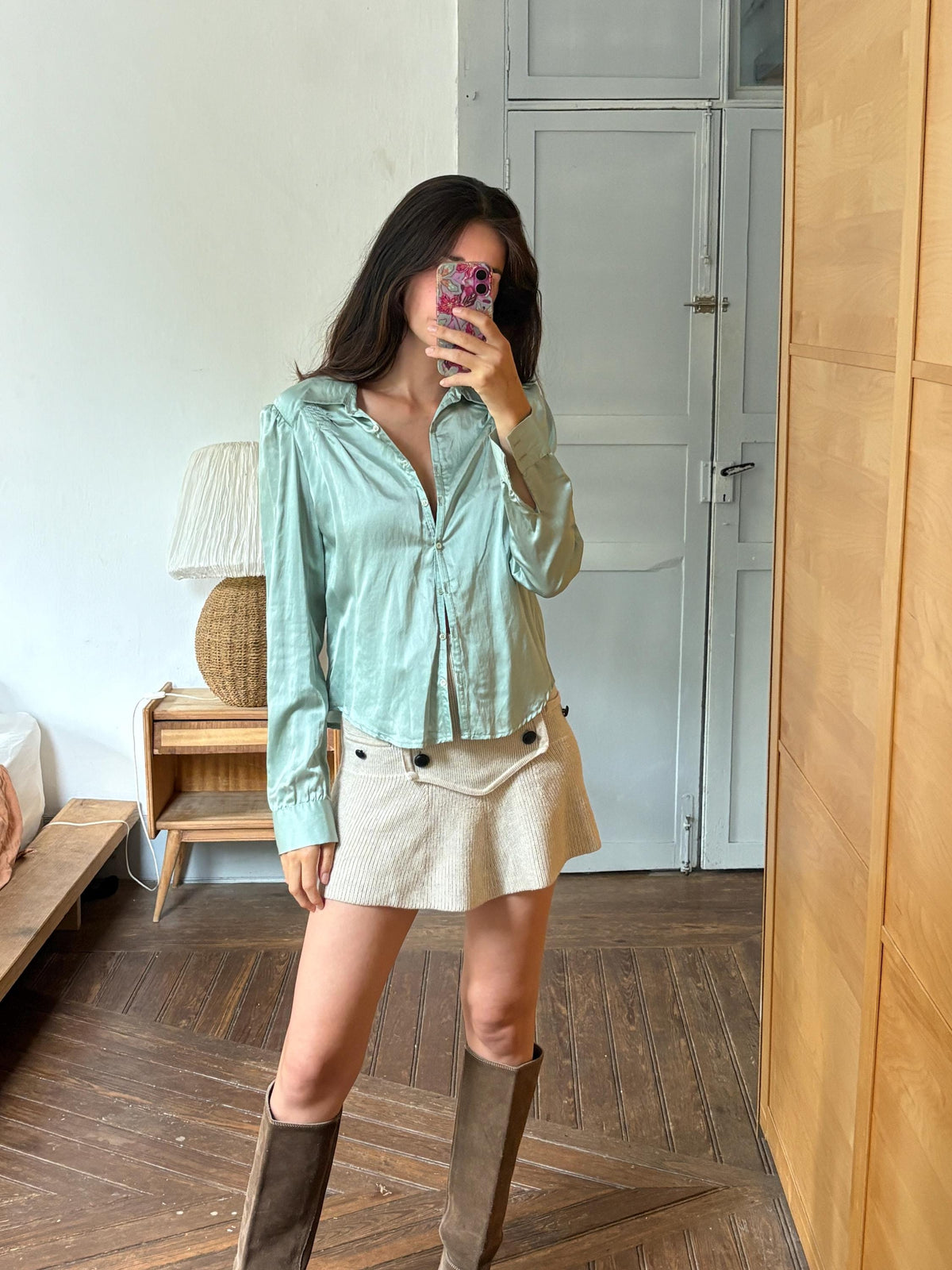 Silk Blend Mint Blouse, Sage Green Shirt, Y2K Minimalist Top, Vintage Silk Button Up, Made in Spain, Soft Satin Blouse