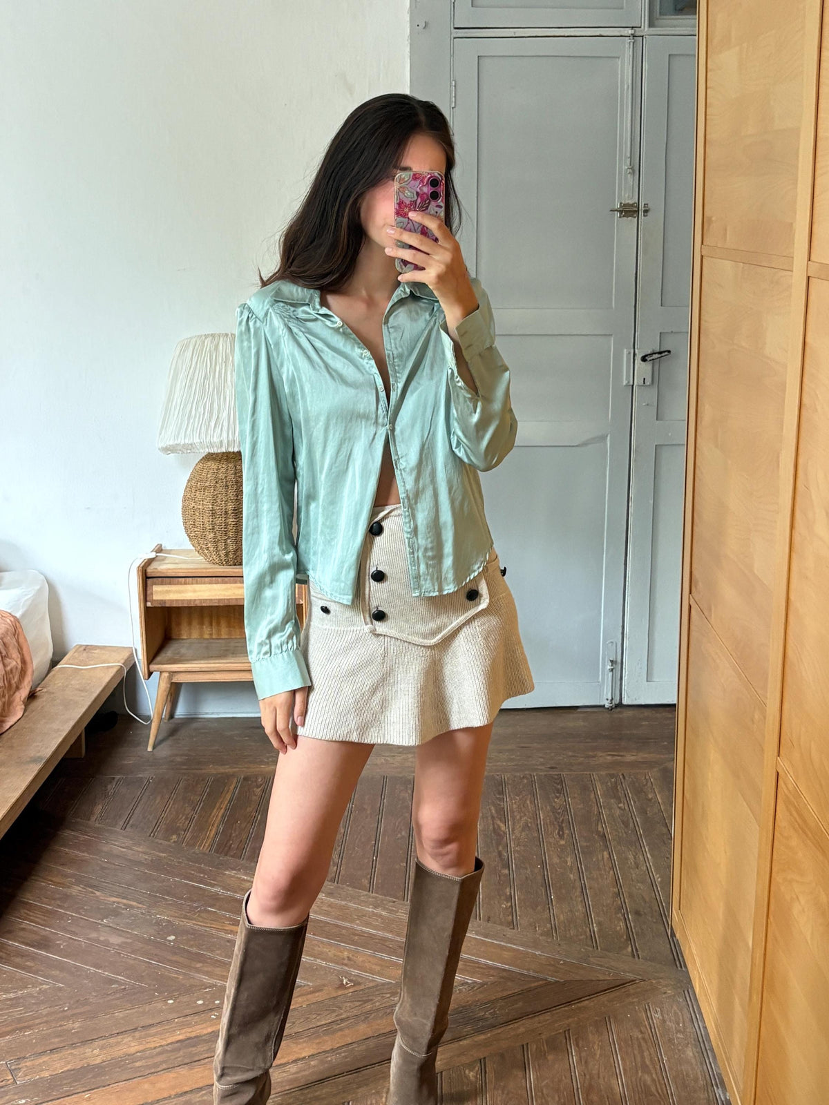 Silk Blend Mint Blouse, Sage Green Shirt, Y2K Minimalist Top, Vintage Silk Button Up, Made in Spain, Soft Satin Blouse