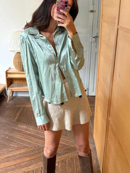 Silk Blend Mint Blouse, Sage Green Shirt, Y2K Minimalist Top, Vintage Silk Button Up, Made in Spain, Soft Satin Blouse