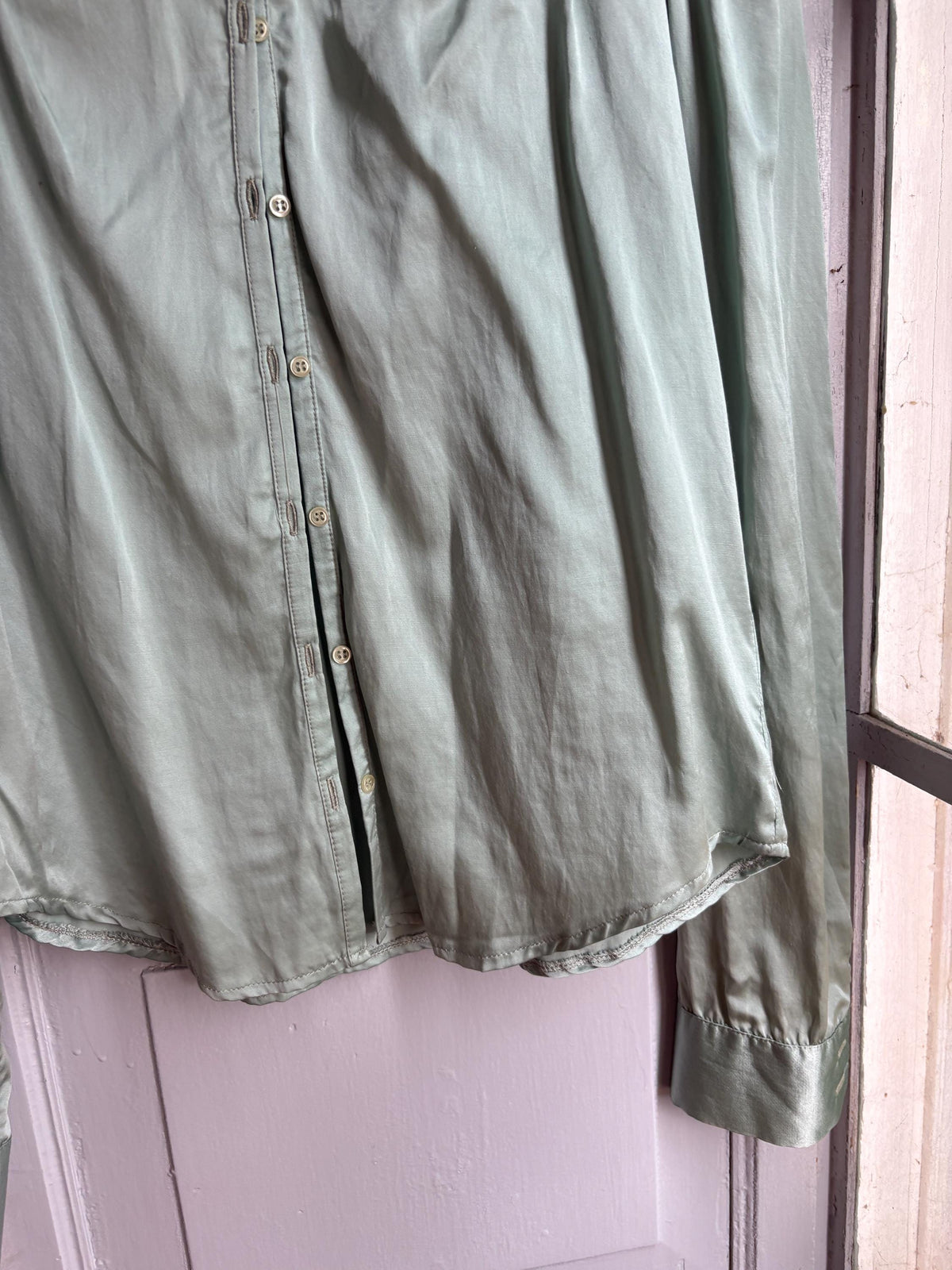Silk Blend Mint Blouse, Sage Green Shirt, Y2K Minimalist Top, Vintage Silk Button Up, Made in Spain, Soft Satin Blouse