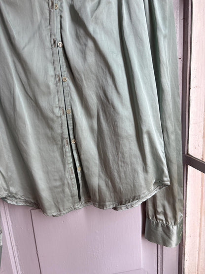 Silk Blend Mint Blouse, Sage Green Shirt, Y2K Minimalist Top, Vintage Silk Button Up, Made in Spain, Soft Satin Blouse
