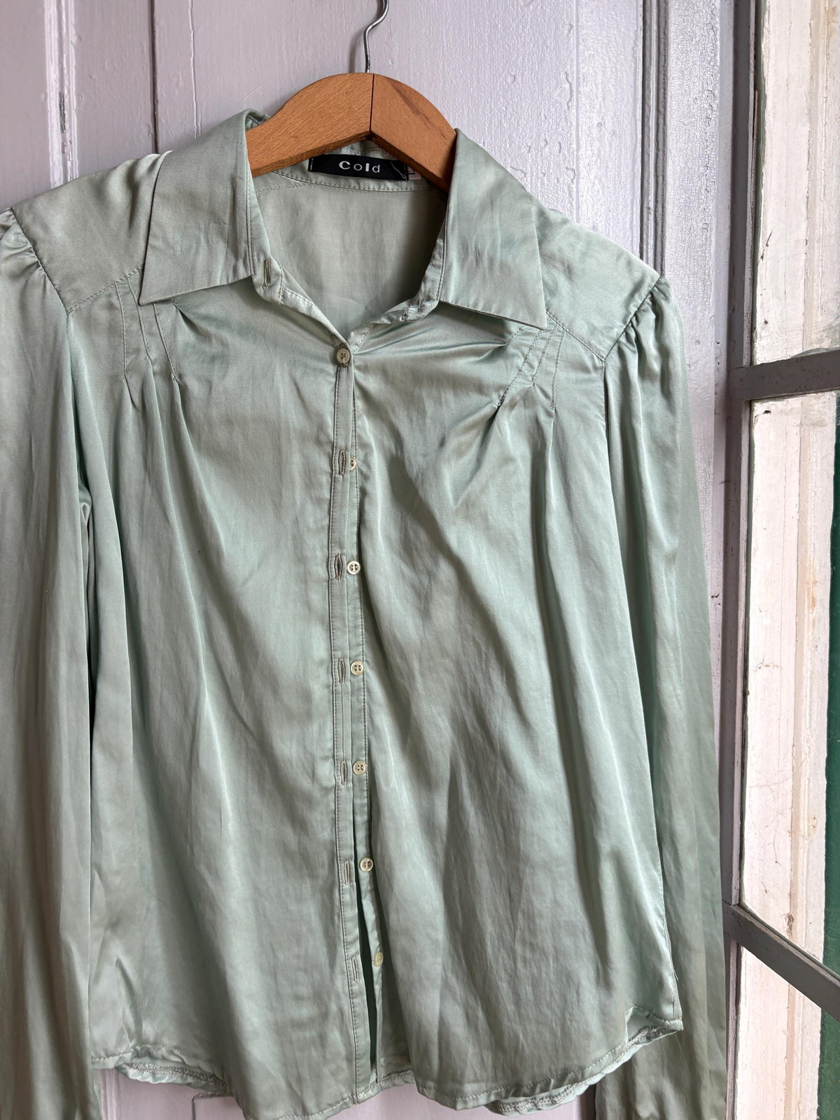Silk Blend Mint Blouse, Sage Green Shirt, Y2K Minimalist Top, Vintage Silk Button Up, Made in Spain, Soft Satin Blouse