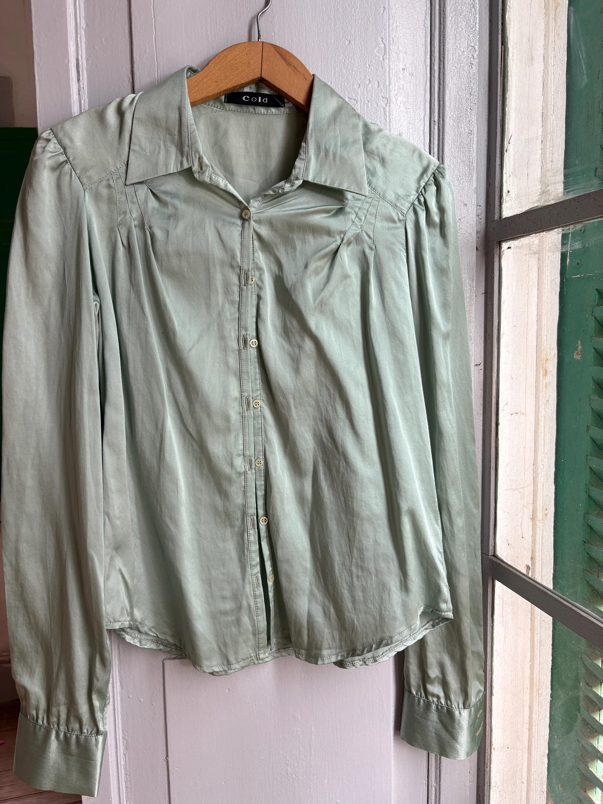 Silk Blend Mint Blouse, Sage Green Shirt, Y2K Minimalist Top, Vintage Silk Button Up, Made in Spain, Soft Satin Blouse