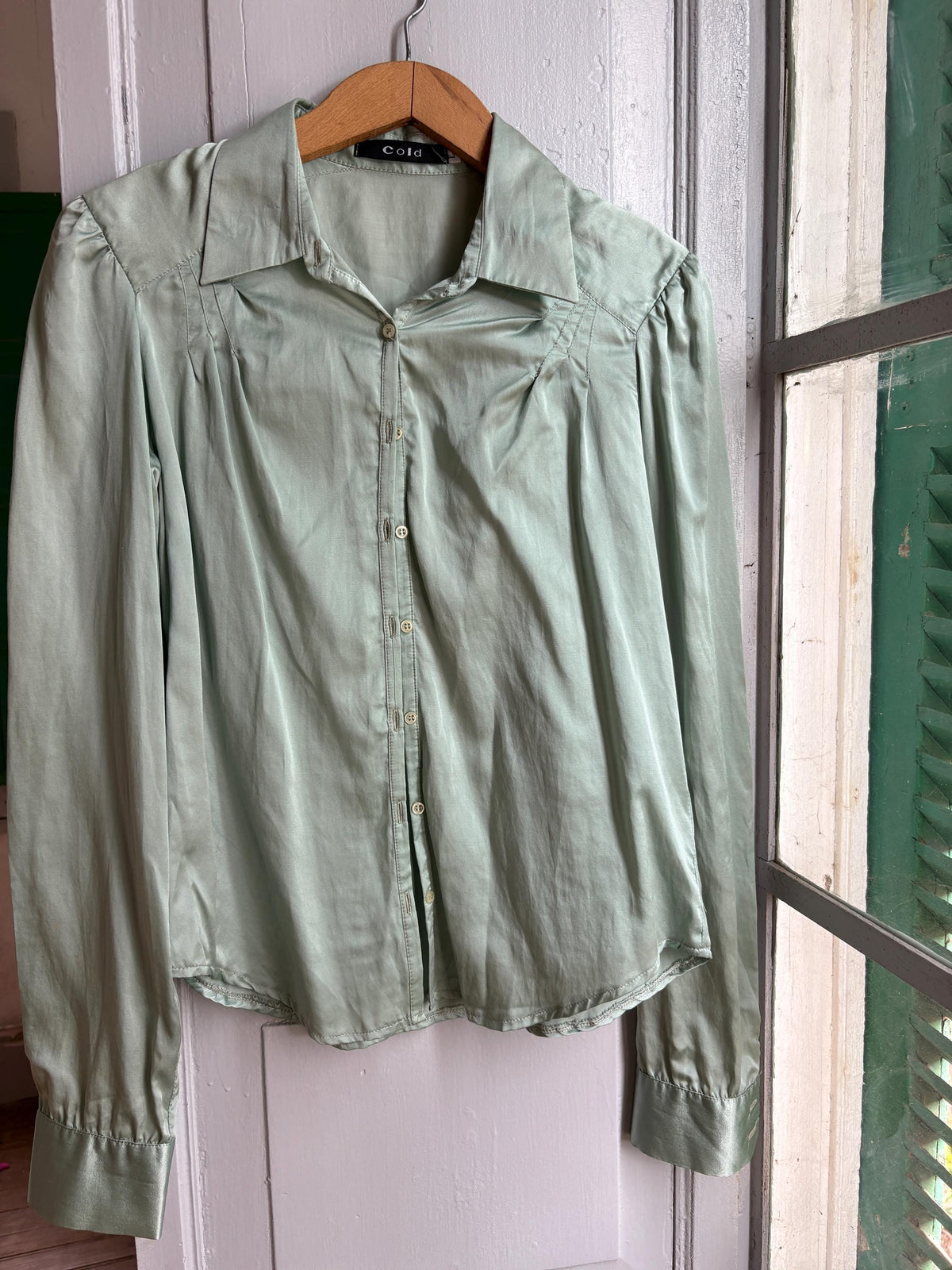 Silk Blend Mint Blouse, Sage Green Shirt, Y2K Minimalist Top, Vintage Silk Button Up, Made in Spain, Soft Satin Blouse