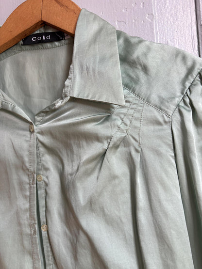 Silk Blend Mint Blouse, Sage Green Shirt, Y2K Minimalist Top, Vintage Silk Button Up, Made in Spain, Soft Satin Blouse