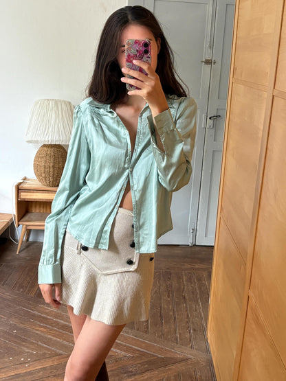 Silk Blend Mint Blouse, Sage Green Shirt, Y2K Minimalist Top, Vintage Silk Button Up, Made in Spain, Soft Satin Blouse