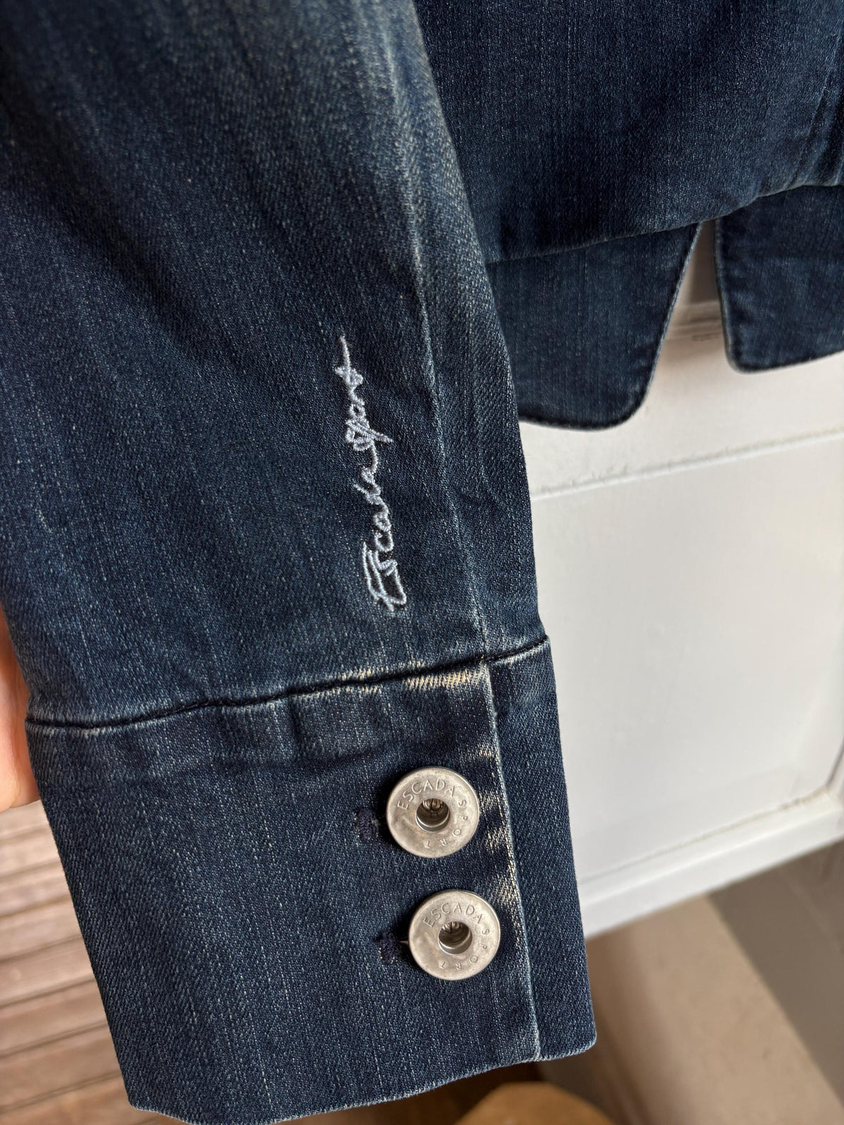 Escada Sport Denim Blazer, Made in Italy Jacket, Dark Wash Cotton Blazer, Designer Denim Jacket, Fitted Y2K Blazer, Luxury Vintage