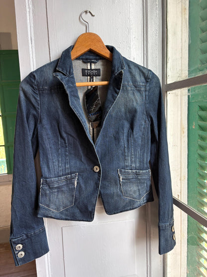Escada Sport Denim Blazer, Made in Italy Jacket, Dark Wash Cotton Blazer, Designer Denim Jacket, Fitted Y2K Blazer, Luxury Vintage