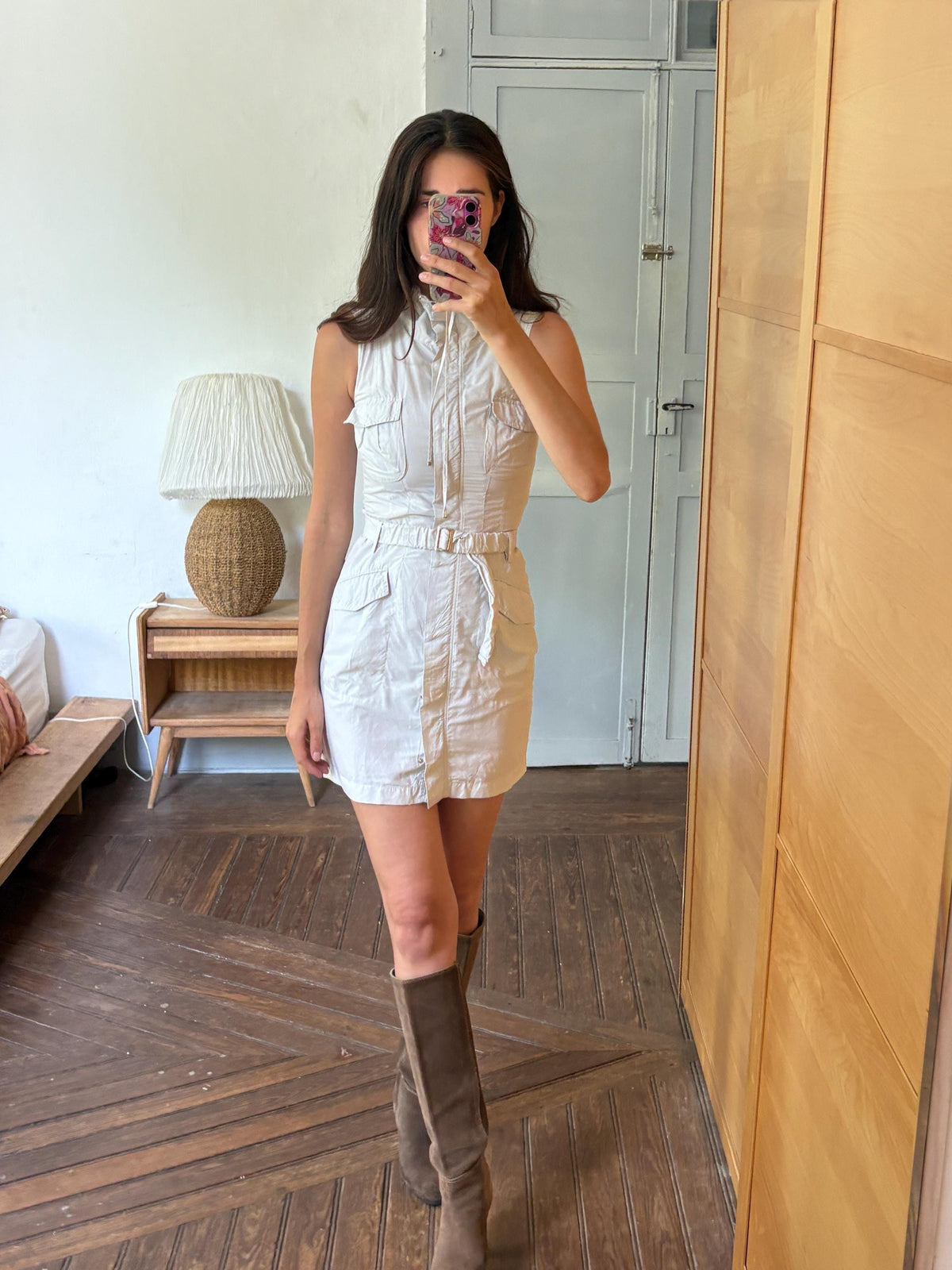 Weekend Max Mara Safari Dress, Utility Shirt Dress, Designer Cotton Dress, Beige Mini Dress, Italian Luxury, Old Money Y2K, Belted Dress