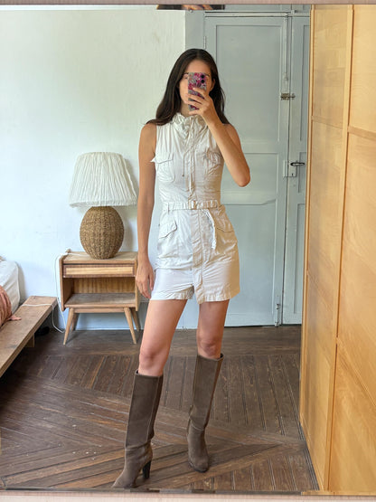 Weekend Max Mara Safari Dress, Utility Shirt Dress, Designer Cotton Dress, Beige Mini Dress, Italian Luxury, Old Money Y2K, Belted Dress