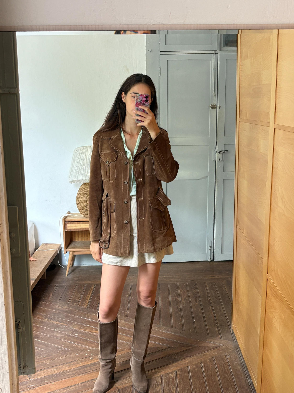 Vintage Suede Safari Jacket, Brown Leather Belted Jacket, 70s Boho Western Coat, Festival Jacket, Real Suede Utility Jacket, Dark Academia