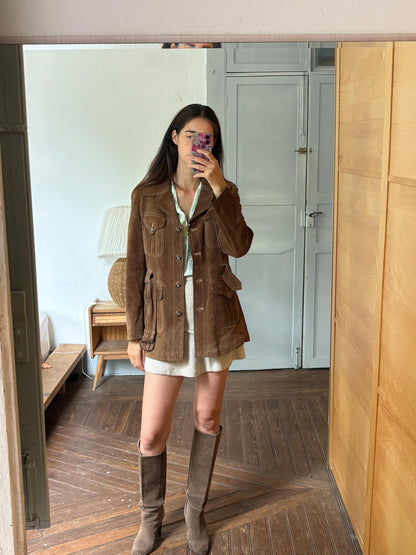 Vintage Suede Safari Jacket, Brown Leather Belted Jacket, 70s Boho Western Coat, Festival Jacket, Real Suede Utility Jacket, Dark Academia