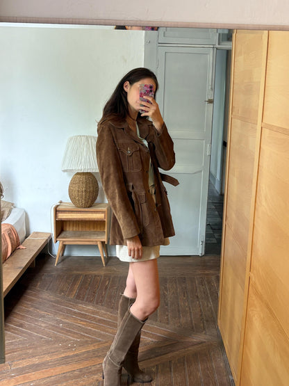 Vintage Suede Safari Jacket, Brown Leather Belted Jacket, 70s Boho Western Coat, Festival Jacket, Real Suede Utility Jacket, Dark Academia