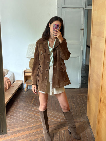 Vintage Suede Safari Jacket, Brown Leather Belted Jacket, 70s Boho Western Coat, Festival Jacket, Real Suede Utility Jacket, Dark Academia