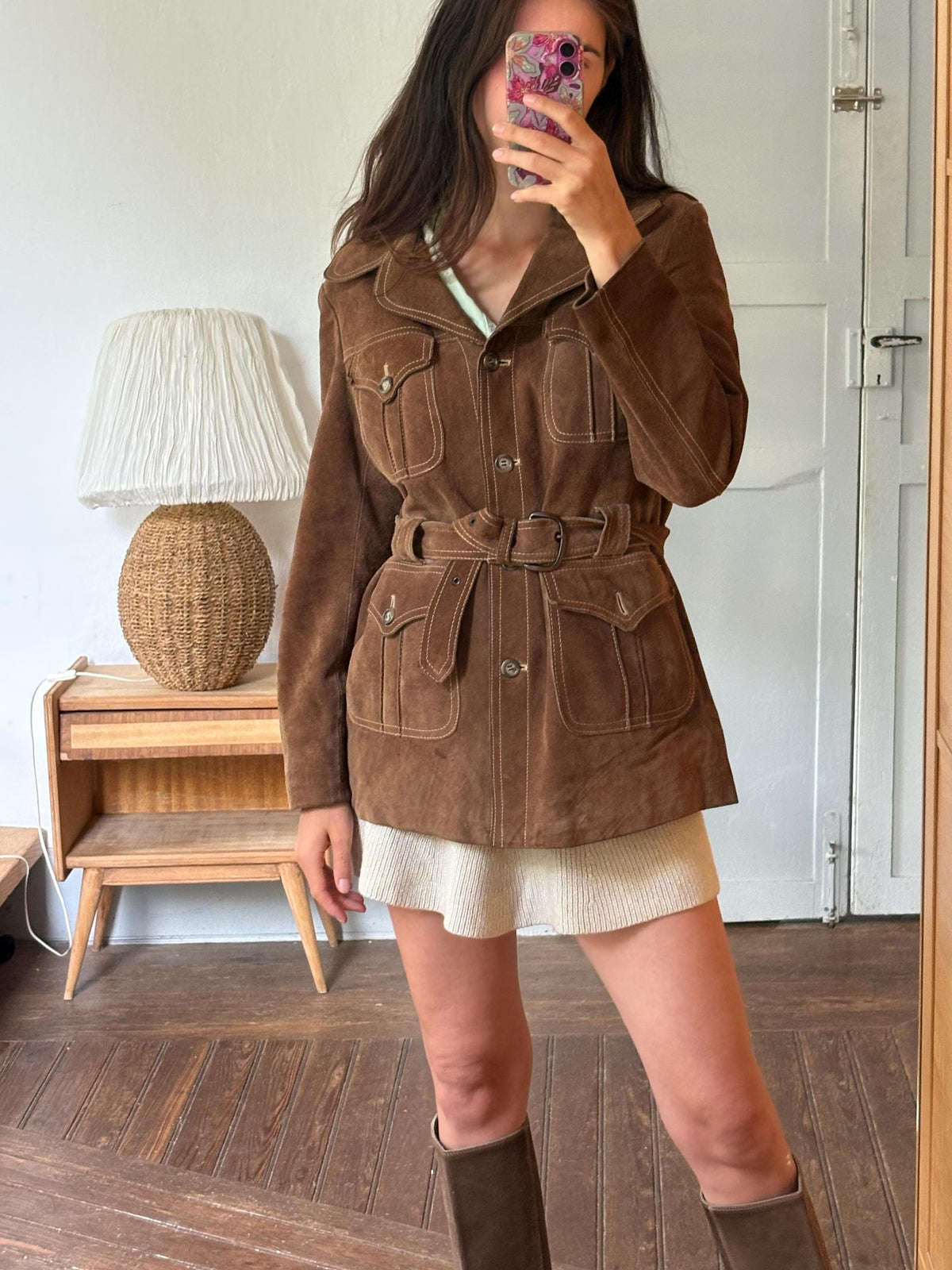 Vintage Suede Safari Jacket, Brown Leather Belted Jacket, 70s Boho Western Coat, Festival Jacket, Real Suede Utility Jacket, Dark Academia