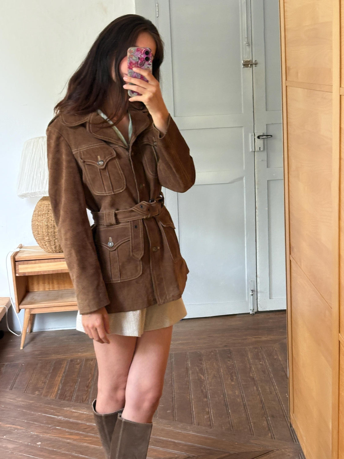 Vintage Suede Safari Jacket, Brown Leather Belted Jacket, 70s Boho Western Coat, Festival Jacket, Real Suede Utility Jacket, Dark Academia