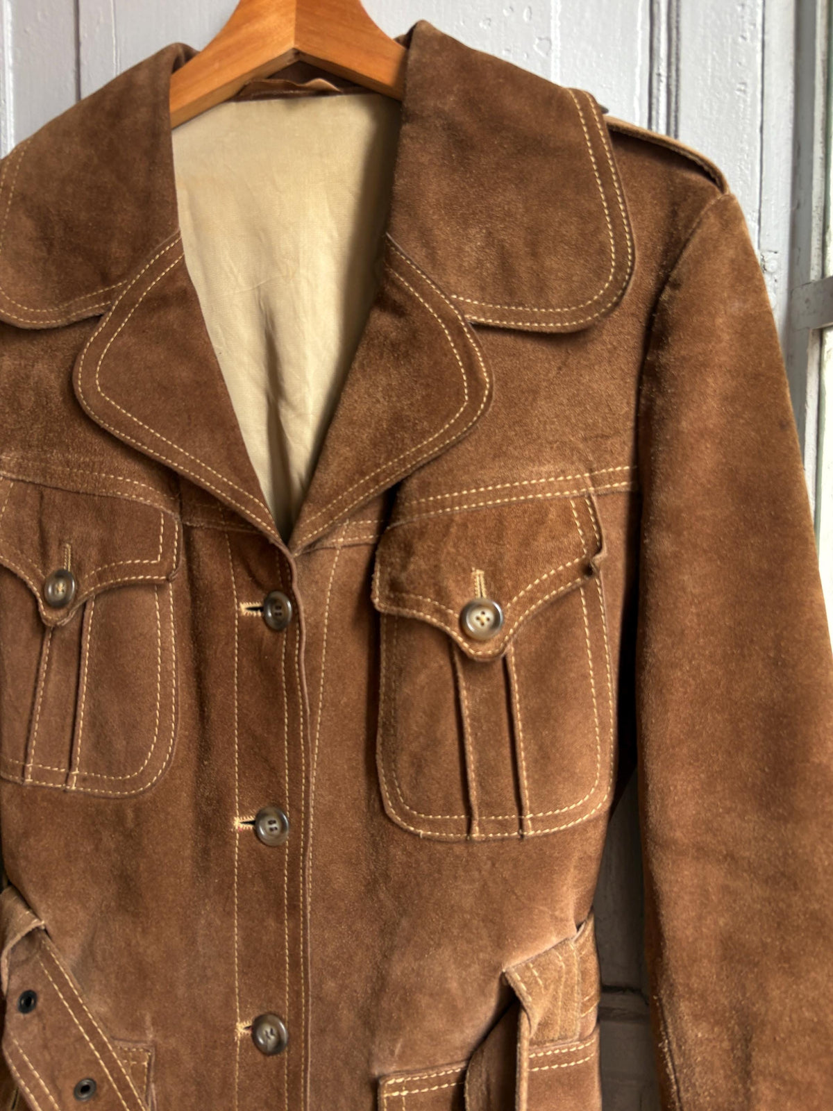 Vintage Suede Safari Jacket, Brown Leather Belted Jacket, 70s Boho Western Coat, Festival Jacket, Real Suede Utility Jacket, Dark Academia