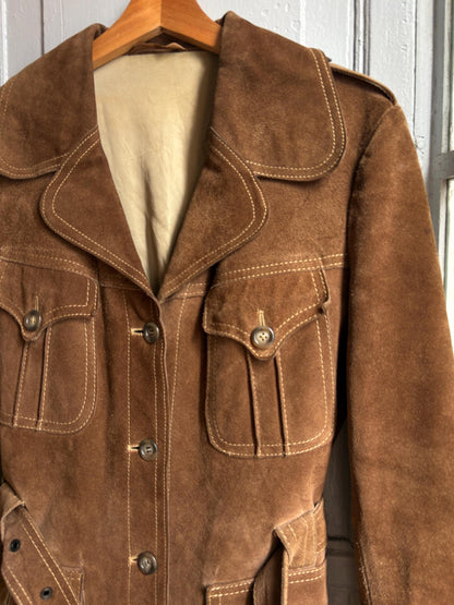 Vintage Suede Safari Jacket, Brown Leather Belted Jacket, 70s Boho Western Coat, Festival Jacket, Real Suede Utility Jacket, Dark Academia